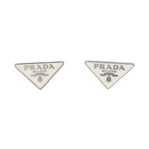 Prada enamel & silver symbole white triangle logo stud earrings AUTHENTIC